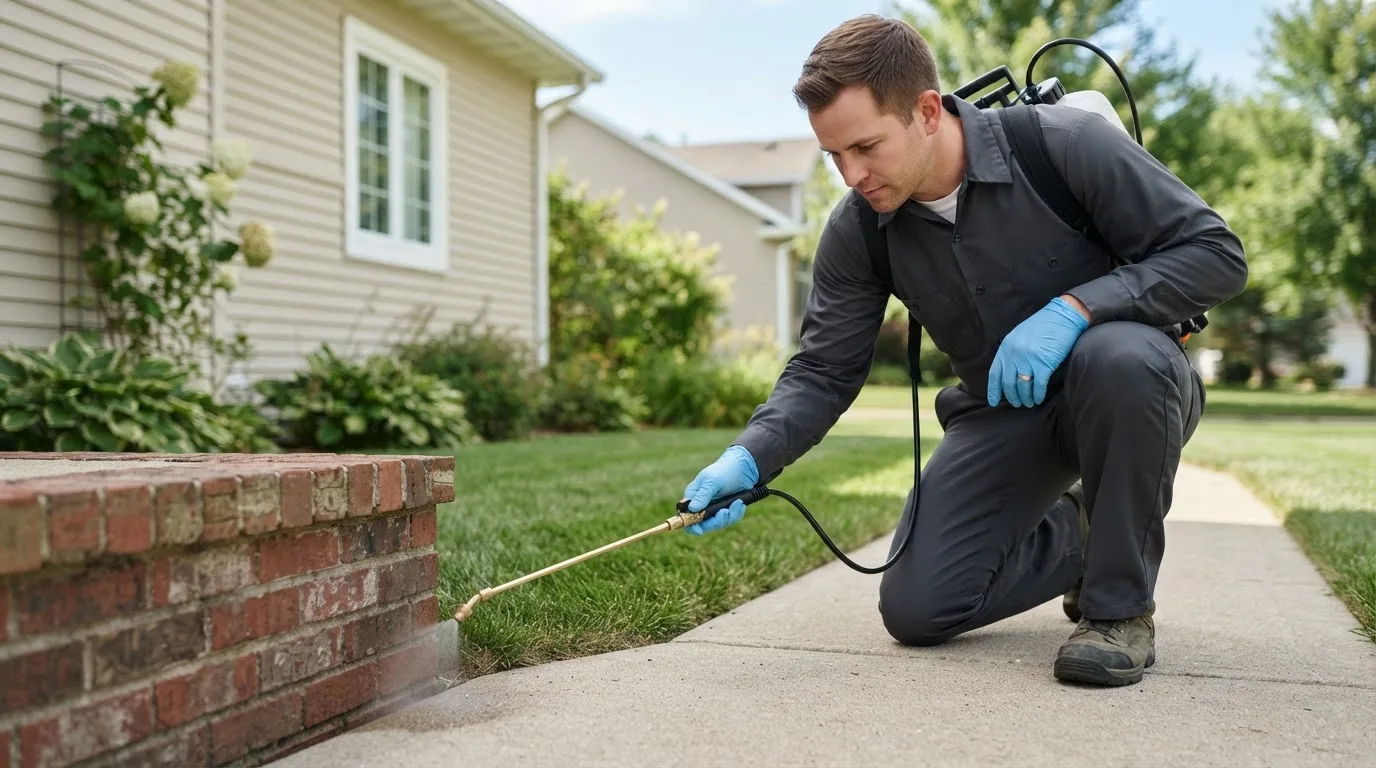 Pest control technician treating a home near Hope, AK