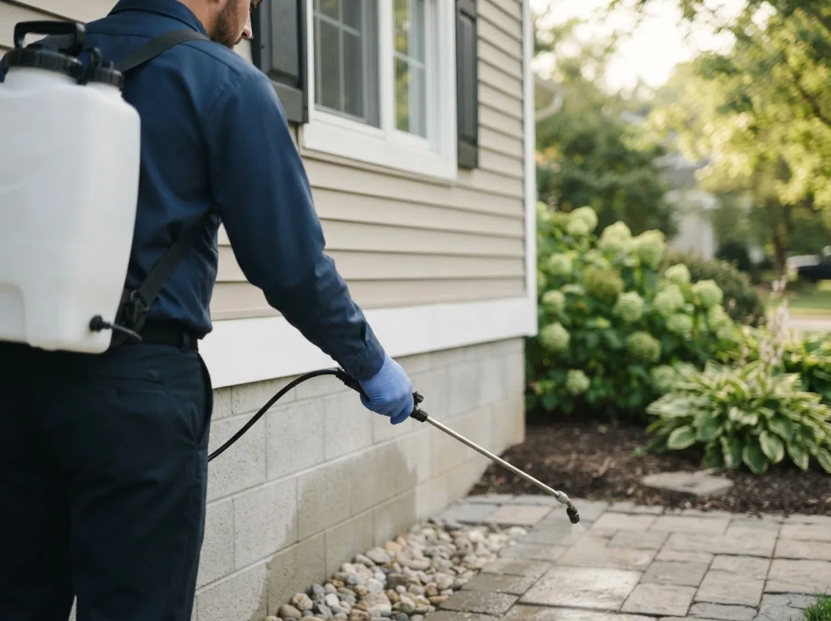Pest control technician inspecting a home in Hope, AK